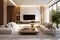 ultra-Detailed Wide shot of a white and wood ultra-luxurious modern living room