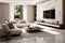 ultra-Detailed Wide shot of a white and wood ultra-luxurious modern living room