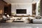 ultra-Detailed Wide shot of a white and wood ultra-luxurious modern living room