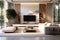 ultra-Detailed Wide shot of a white and wood ultra-luxurious modern living room