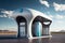 Ultra-modern gas station, sleek futuristic design, offering drivers a choice between eco-friendly hydrogen and electric