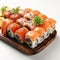 Ultra Realistic 4k Sushi Tray Exquisite Variety Of Sushi On White Background