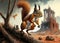 An ultra-realistic image of a squirrel in the ruins of the post-apocalyptic planet Mars,