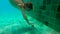 Ultrahd slowmotion underwater shot of a little boy learns how to swim in a pool. Toddler boy dives into pool and pulls