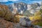 Ultralight Hiking Poles and Scenic landscape of Yosemite Granite Cliff