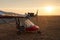 Ultralight single-engine single-seat aircraft stands on the airfield in the early morning