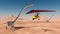 Ultralight trike over a desert and the dinosaur Omeisaurus