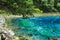 Ultramarine water in the travertine pools of the reserve