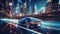 an ultramodern autonomous car effortlessly navigates through a labyrinthine network of glowing roads, AI generated