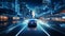 An ultramodern autonomous car navigating through a labyrinthine network of glowing roads in a futuristic metropolis, AI generated