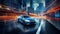 An ultramodern autonomous car navigating through a labyrinthine network of glowing roads in a futuristic metropolis, AI generated