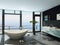 Ultramodern contemporary design bathroom interior with sea view