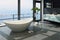 Ultramodern contemporary design bathroom interior with sea view