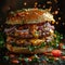 ultrarealistic photograph of the burger with all its ingredients floating in front of it, isolated on a dark background