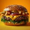 ultrarealistic photograph of cheeseburger with fries on transparent background, yellow and orange color palette, high