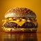 ultrarealistic photograph of cheeseburger with fries on transparent background, yellow and orange color palette, high