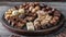 An ultrarealistic photograph of a platter filled with various types and shapes of chocolates, including milk chocolate