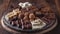 An ultrarealistic photograph of a platter filled with various types and shapes of chocolates, including milk chocolate