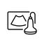 Ultrasound pictogram. Line art icon of display with transducer. Black simple illustration of external body scan, diagnostics of