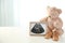 Ultrasound picture, teddy bear and baby shoes on table against light background.