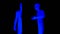 Ultraviolet halves pantomime interaction. One half puts hand in another, contrast comedy. Blue on black scene in black