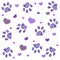 Ultraviolet paw print with hearts background