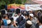 Uman,Ukraine, 13.09.2015: Jewish men in Kippah and black clothes are laughing and taking photo in the street