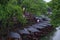 Umbrella boat moored on the river