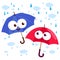 Umbrella characters in the rain. Cartoon umbrella characters in rainy weather. Vector illustration