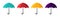 Umbrella icon. Cartoon umbrella icons. Colorful parasols for rain, water and sun. Parasol with handle. Yellow, blue, red colors.