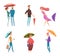 Umbrella people. Depressed characters in raining day holding and walking with umbrellas vector adults