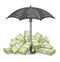 Umbrella protecting bundles with money. Illustration.