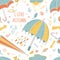 Umbrella seamless pattern with colorful leaves and wording on background