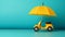 The umbrella and toy bike signify vehicle insurance, protecting your car like a shield from damages