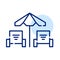 Umbrella and two sun loungers. Beach relaxation. Exotic getaway. Pixel perfect, editable stroke line icon
