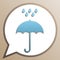 Umbrella with water drops. Bright cerulean icon in white speech balloon at pale taupe background. Illustration