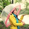 Umbrella woman in Autumn excited under rain