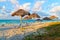 Umbrellas and beds on the cuban beach of Varadero