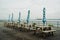 Umbrellas and benches on Governors Island, Manhattan, New York