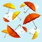 Umbrellas Fall on Blue Sky Background Flat Design Style. Vector