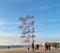 Umbrellas in the sea of thessaloniki,modern build and architecture.people stop here to take photo