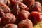 Umeboshi,Japanese salt plums on bamboo basket.Traditional Japanese food.Close-up view.