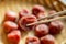 Umeboshi,Japanese salt plums on bamboo basket.Traditional Japanese food.Close-up view.