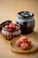 Umeboshi. Japanese salt plums and Umeboshi jar. Traditional Japanese food.