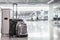 Unattended cabin case and a backpack at the boarding gates of an