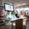 Unattended drugstore counter stocked with health essentials, waiting for clientÃ¨le.