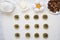 Unbaked cookies with ingredients for making cookies. Top view, overhead,