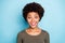 Unbelievable bargains concept. Portrait of positive cheerful impressed afro american girl hear wonderful news look stare