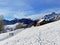 Unbelievably beautiful winter atmosphere on the pastures and hills of the Swiss Alps in the Obertoggenburg region, Unterwasser