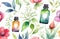 unbranded essence oil bottles on floral background, watercolor illustration